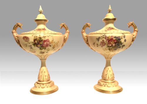 Beautiful Pair of Antique Royal Worcester Hand Painted Blush Ivory Vases
