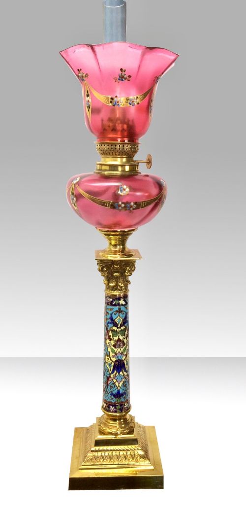Fabulous Antique Cloisonné Corinthian Column Oil Lamp.