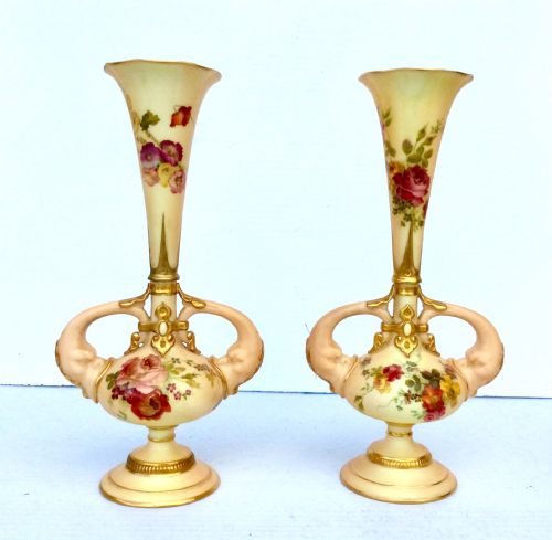 Pair of Antique Hand Painted Blush Ivory Royal Worcester Vases