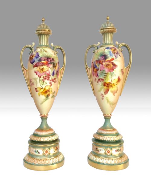 Pair of Large Antique Hand Painted Blush Ivory Royal Worcester Urn Vases