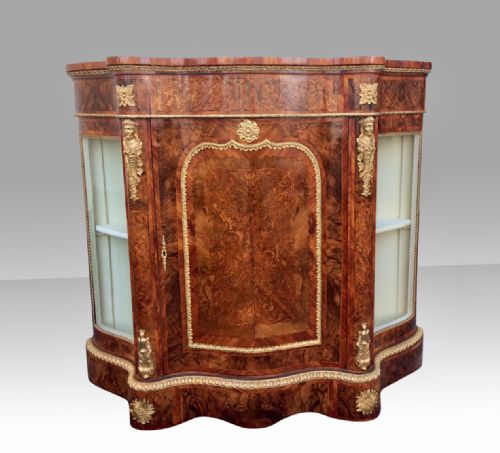 Antique Narrow Burr Walnut  Inlaid Marquetry Credenza