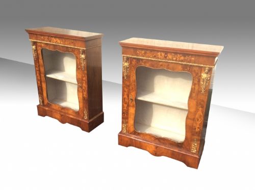 fig 1. Fabulous Pair Of Antique Figured Walnut Marquetry Pier Side Display Cabinets