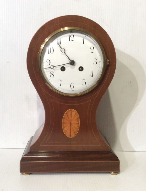Antique Inlaid Mahogany Balloon Shaped Sheridan Style Mantel Clock