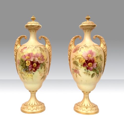 Beautiful Pair of Hand Painted Blush Ivory Antique Royal Worcester Vases Complete with Original Covers