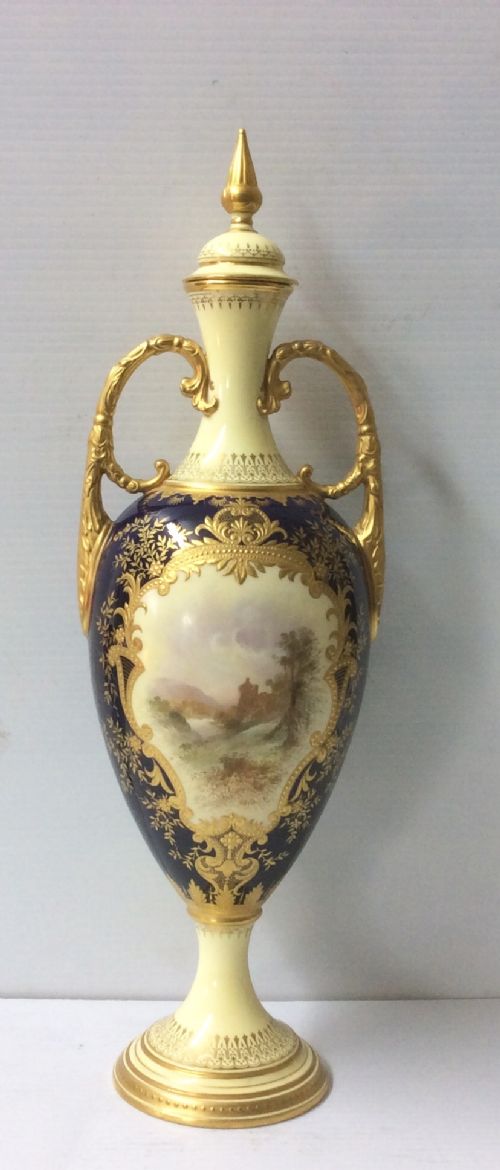 Beautiful Antique Hand Painted on Cobalt Blue Coalport Vase with Original Cover
