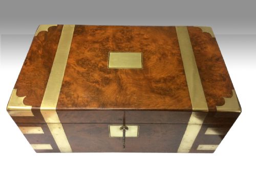 fig 1. Quality brass bound burr walnut antique  writing box slope complete with secret drawers