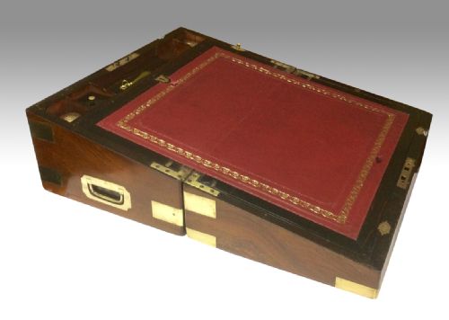 fig 2. Quality brass bound burr walnut antique  writing box slope complete with secret drawers