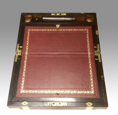 fig 3. Quality brass bound burr walnut antique  writing box slope complete with secret drawers