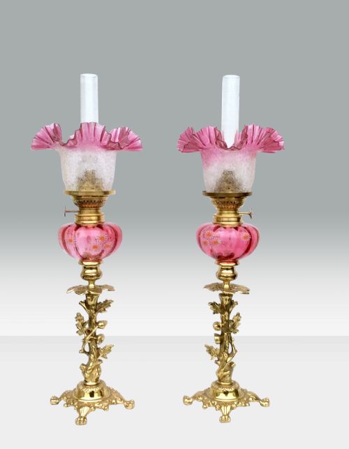 Beautiful Matching Pair of Original Antique Ruby Glass Oil Peg Lamps
