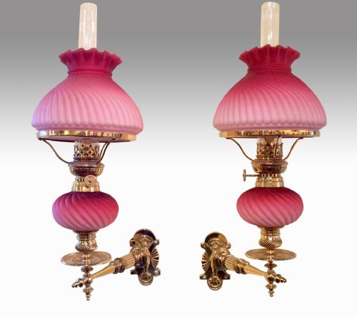 Pair of Satin Glass Wall Mounted Peg Oil Lamps