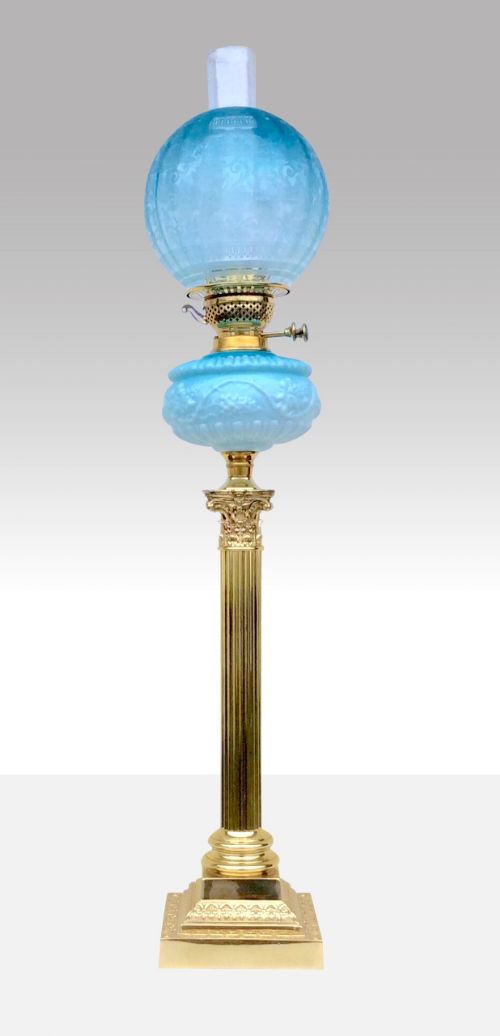 Rare Tall Antique Blue  Oil Lamp