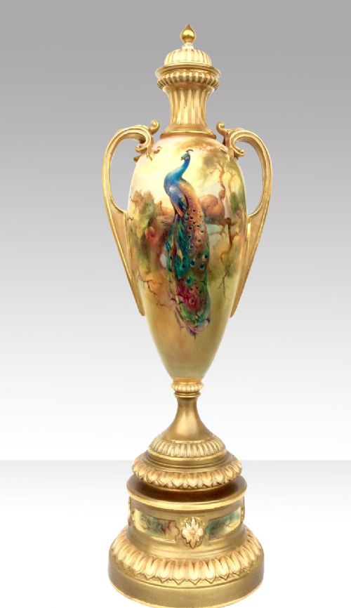 Magnificent Large Antique Hand Painted Blush Ivory Royal Worcester Peacock Urn Vase Complete with Cover,signed Sedgley.