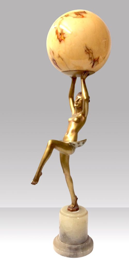 Very Fine Original Art Deco Lady Lamp on a Circular Alabaster Base