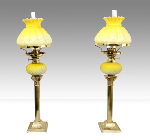 Fabulous Rare Pair of Antique
 Lemon Satin Glass Peg Oil Lamps