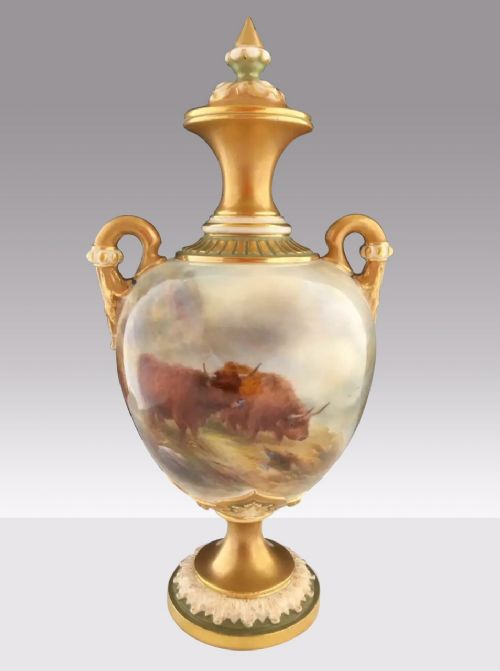 Royal Worcester Vase Painted with Highland Cattle Signed H Stinton Complete with Cover.