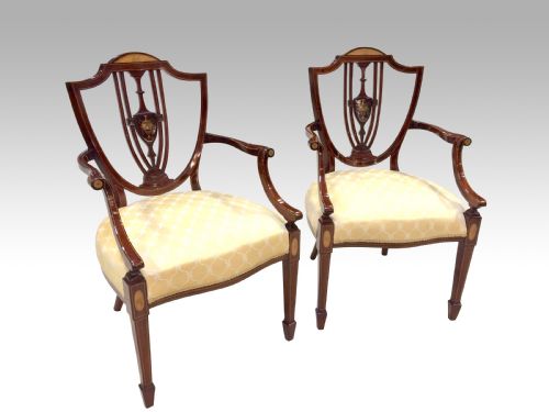 Magnificent Pair of Antique Inlaid Mahogany Sheraton Design Mahogany Arm Chairs