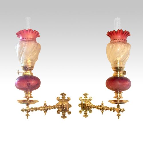 Pair of Antique Peg Oil Lamps (Wall Mounted Adjustable Ruby Glass)