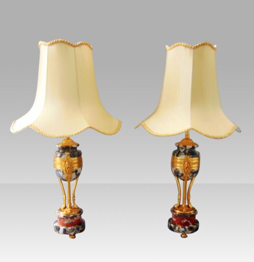 Pair of Marble Table Lamps with Ormolu Mounts with Beautiful Shades.