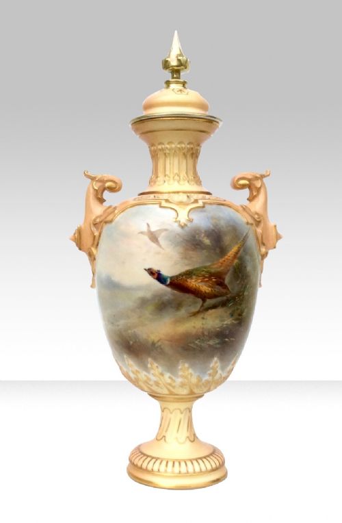 Fabulous Antique Royal Worcester Stinton Vase and Lid,(pheasants)