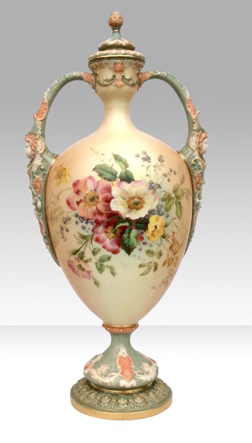 Large Antique Royal Worcester Blush Ivory Vase and Cover