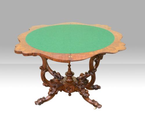 ANTIQUE BURR WALNUT SERPENTINE SHAPED ANTIQUE GAMES CARD TABLE - ADDITIONAL PHOTO 1