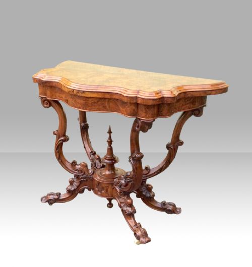 ANTIQUE BURR WALNUT SERPENTINE SHAPED ANTIQUE GAMES CARD TABLE - ADDITIONAL PHOTO 2