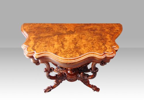 ANTIQUE BURR WALNUT SERPENTINE SHAPED ANTIQUE GAMES CARD TABLE - ADDITIONAL PHOTO 4