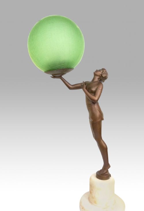 Art Deco Lady Lamp with Green Crackle Globe