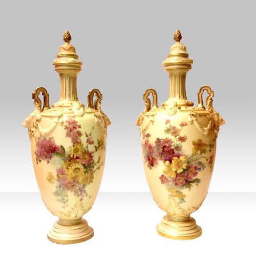 Pair of Antique Royal Worcester Blush Ivory Vases.