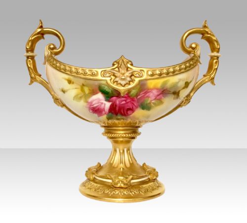 Antique Royal Worcester  Boat Shaped Twin Handled Pedestal Vase.