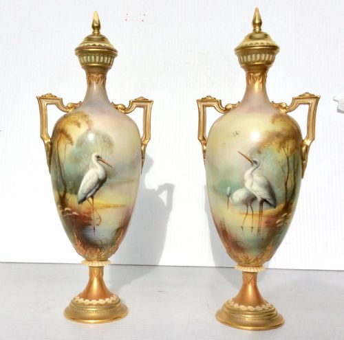 Pair of Antique Royal Worcester Stork Vases by a C Lewis