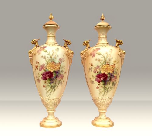 Large Pair of Royal Worcester Blush Ivory Floral Hand Painted Urn Vases Complete with Covers.