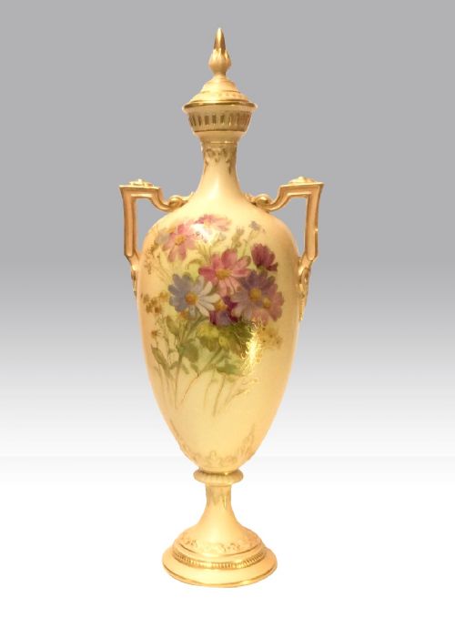 Large Antique Royal Worcester Blush Ivory Urn Vase Complete with Cover.