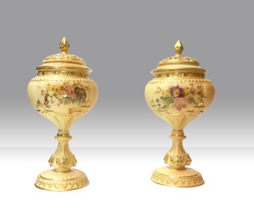 Pair of Beautiful Antique Royal Worcester Blush Ivory 
Pot Pourri Vases