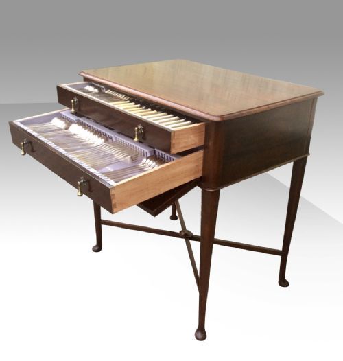 Antique 12 Setting Canteen of Solid Silver Cutlery Set in a Mahogany Fitted Table.