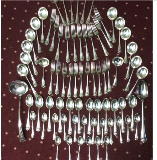 fig 1. Antique 12 Setting Canteen Of Solid Silver Cutlery Set In A Mahogany Fitted Table.