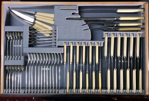 fig 4. Antique 12 Setting Canteen Of Solid Silver Cutlery Set In A Mahogany Fitted Table.