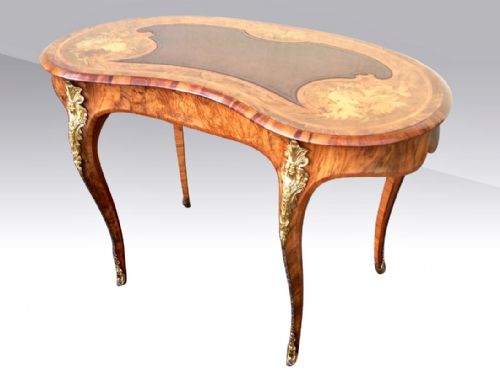 Antique Kidney Shaped Walnut Marquetry Desk.