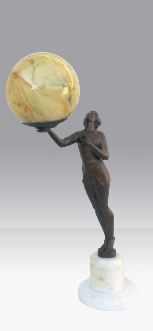 Art Deco Bronzed Lady Lamp with Marbled Globe.
