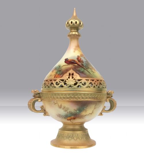 Royal Worcester Porcelain Pot Pourri Vase and Cover in Persian Style,a Lewis Pheasants.
