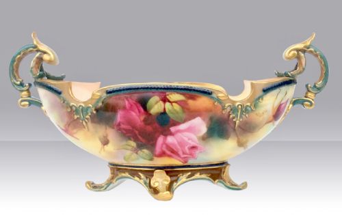 Royal Worcester Boat Shaped Vase Hand Painted with Roses,signed Austin.