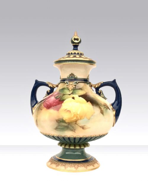 Antique Royal Worcester Baluster Vase and Cover Painted with Roses
