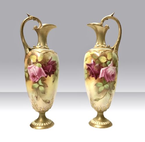 Pair of  Antique Royal Worcester Rose Painted Ewers,vases,
signed F Harper,