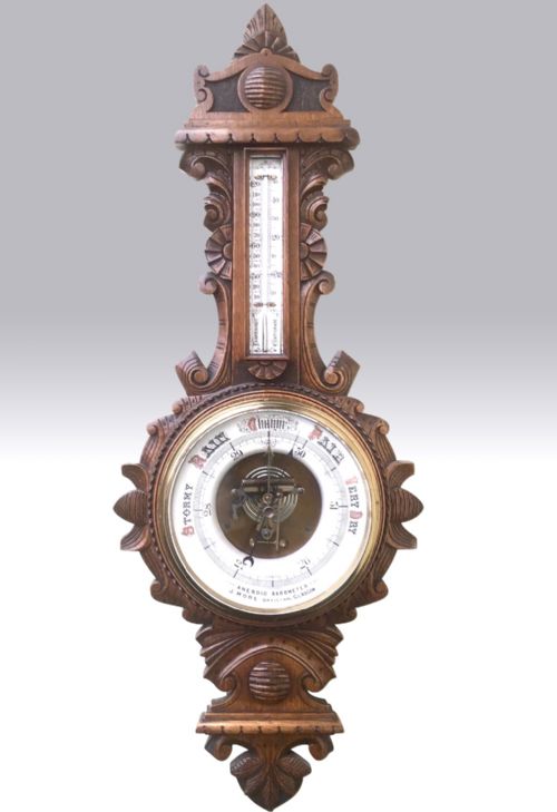 Large Antique Oak Basin Dial Skeleton Aneroid Barometer