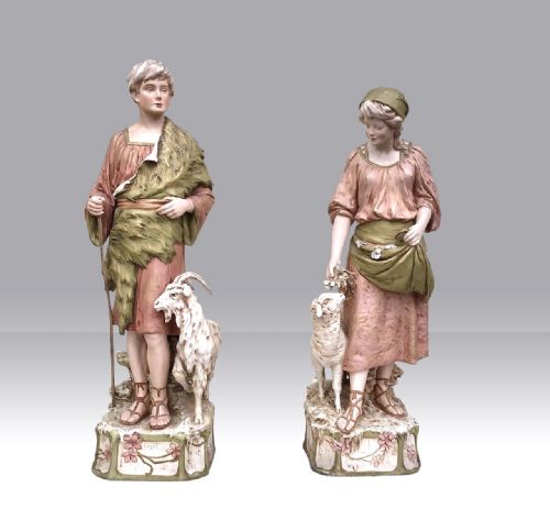 Large Pair of Antique Royal Dux Figures of Shepherd and Shepherdess