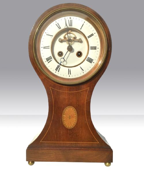 Large Antique French 8 Day Inlaid Mahogany Balloon  Mantel Clock