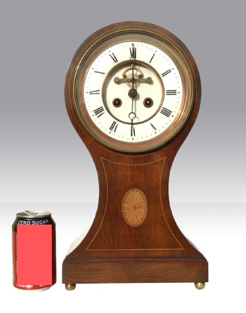 fig 1. Large Antique French 8 day inlaid mahogany balloon mantel clock