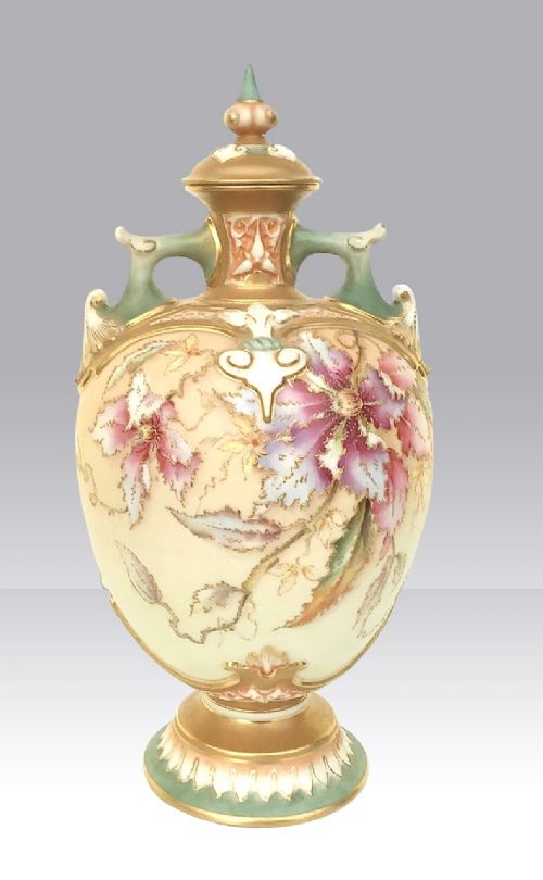 Antique Royal Worcester Painted Blush Ivory Pedestal Vase with Cover