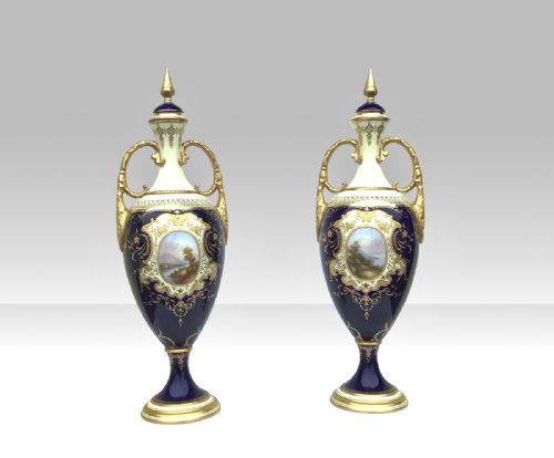 Pair of Tall Antique Coalport Porcelain Vases
