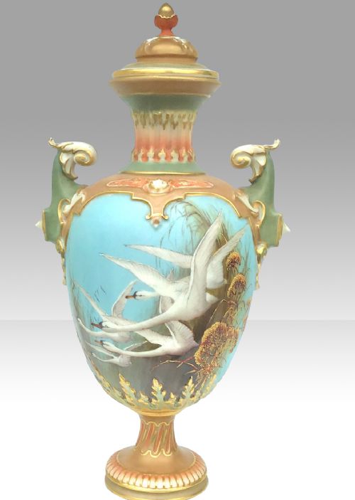 Antique Royal Worcester  Vase by Charles Baldwyn,  Painted with a Flock of Five White Swans in Flight